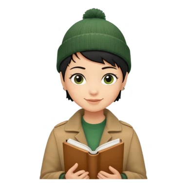tan skin, non binary adult with pixie cut black hair, narrow eyes, wearing brown jacket and dark green beanie, shy smile , holding up  book  sticker