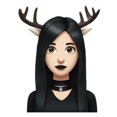 Portrait. Goth, deer girl. Wearing a black sleeveless dress with a choker. She has White antlers and deer ears. Long Black hair sticker