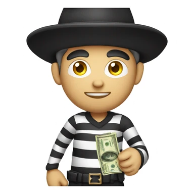 robber wearing criminal striped shirt, a black hat, holding a money sack with a dollar sign on it. sticker