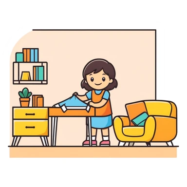 smiling girl arranging furniture in doll house sticker