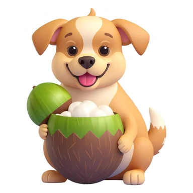 A dog holding a coconut sticker