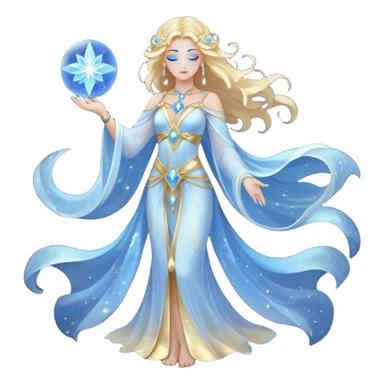 fullbody universe goddess Sophia, Ethereal Light Being, Made of starlight and fractals, Glowing white/gold skin with flowing translucent robes, Hair blue like galaxy mist, Jewelry made of stars and crystals sticker