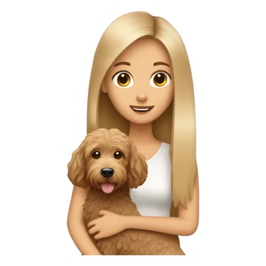 fan girl with long straight hair holding tan labradoodle sticker