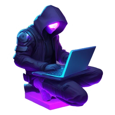 Side view developer behind his laptop with this style : crysis Cyberpunk Valorant neon glowing bright purple character purple violet black hooded assassin themed character sticker