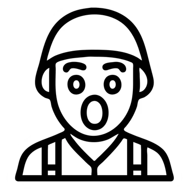 icon-style illustration of a shocked soldier with exaggerated facial expression, raised eyebrows, open mouth, helmet, simple bold lines sticker