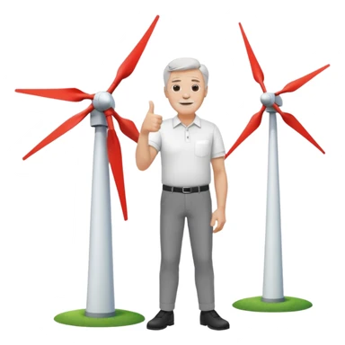 an older white man with grey hair and a white shirt and black pants doing a thumbs up pose, standing next to a single silver wind turbine sticker