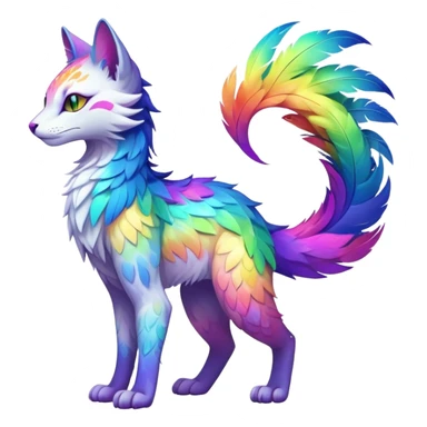 Kawaii neon colorful with feathers rainbow iridescent fantasy ethereal feline-vernid-sergal-fursona animal creature with a tufted tail full body with intricate markings sticker