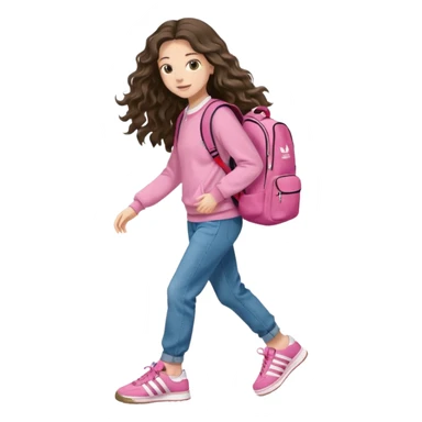 aestethic brunette very,very,very long wavy hair walking with a school backpack (no brand) with a cute jeans, pink sweat, adidas samba shoes sticker