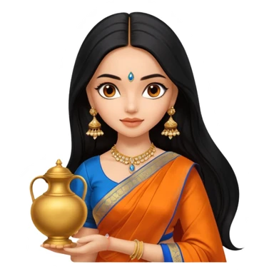 generate a pretty bratz Deepika Padukone with long black hair middle parted.
Wearing an orange saree with a blue blouse, golden jhumkas
SHe shoudl look like deepika padukone. dark brown eyes and carrying an urn sticker