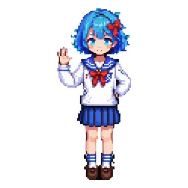 Pixel art anime girl with short bright blue hair wearing Japanese sailor style school uniform, trying to look confident with hand on hip but shyly waving with other hand, blushing cheeks and avoiding eye contact sticker