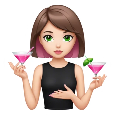 light brunette short hair girl black top holding a pink cosmo dark green eyes sticker