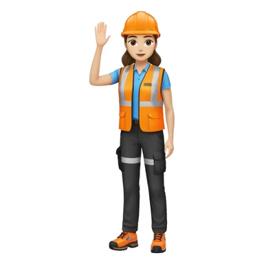 female, orange, hi-vis vest, dark trousers, shoes, hand raised sticker
