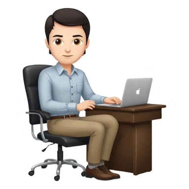 Rich man working setting on a chair in shirt, dark hair, and near the desk with laptop he is german very beautiful looks like sticker