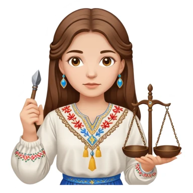 Ukrainian girl with brown hair wearing a traditional embroidered vyshyvanka shirt, holding scales of justice in her hand sticker