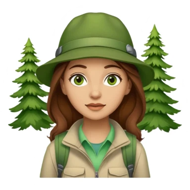 woman hiking in the woods in the sunshine. light face and green eyes. wearing a hat, brown hair sticker