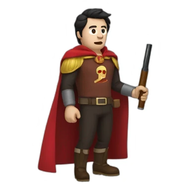 dark-haired man drunk with a cigar a big shotgun and a red cape sticker