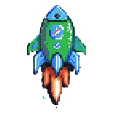 Green check mark with a small rocket ship, deployment success symbol sticker
