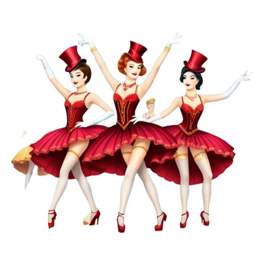 A vintage movie poster-style design inspired by Moulin Rouge. Include glamorous cabaret dancers in extravagant costumes, a colorful stage, sparkling lights, and a sense of drama. The atmosphere should be vibrant, with musical notes in the air. Retro cinematic style. Transparent background. sticker