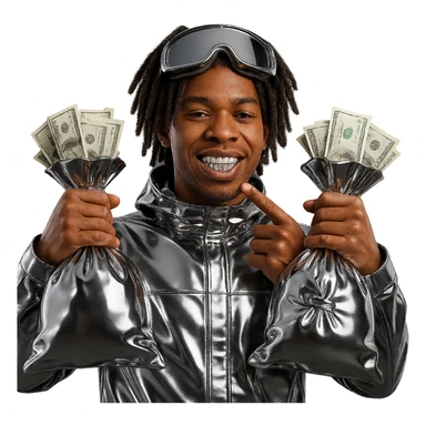 Create a character inspired by the person in the reference image, with realistic brown skin tone and natural facial features. The character has dreadlocks for hair. Dress him in shiny chrome clothes (not matte). He is holding two large chrome brown money bags, one in each hand, with realistic US dollar bills coming out of both bags. Add shiny chrome grills to his teeth and shiny chrome ski goggles on his head. The face and hands look natural. The background is transparent. sticker