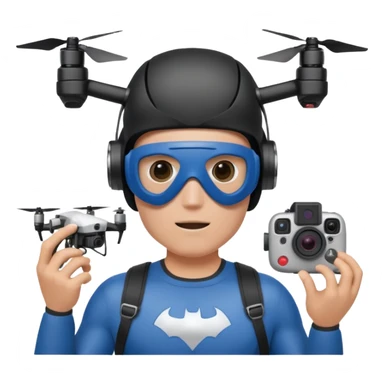 Super hero photographe, gopro sur la tête, masque fpv sur les yeux. Un drone à côté de lui. Il tiens un appareil photo reflex. sticker