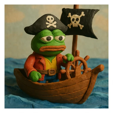 Pepe the Frog dressed as a pirate, sailing on a pirate ship in the ocean, claymation style sticker