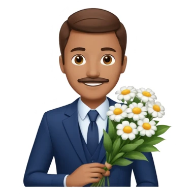 homme âgé 23 ans brun bronzé en costume bleu foncé souriant avec moustache portant un bouquet fleurs blanche  sticker