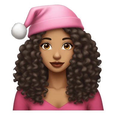 light brown skinned pretty woman with long black curly hair and almond brown eyes with pink christmas hat with big lips sticker