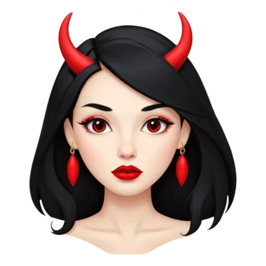 A skin red girl's face with cheekbones, long black hair, small red horns, big lips sticker