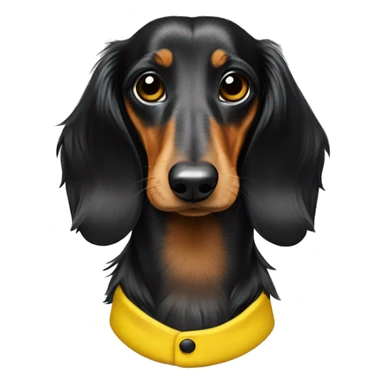 Black long haired dapple dachshund in a yellow suit sticker