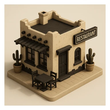isometric exterior of a little southwestern restaurant, black, beige, and white color palette, dollhouse style, 3D realistic sticker