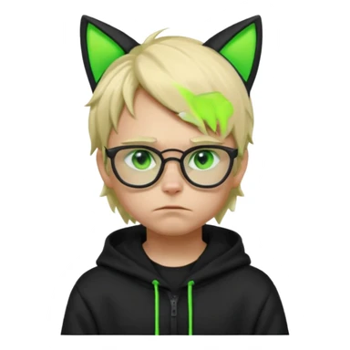 A blond hacker boy with black glasses and a black hoodie with neon green cat ears, cyberpunk style, sad expression, glowing green eyes, soft lighting sticker