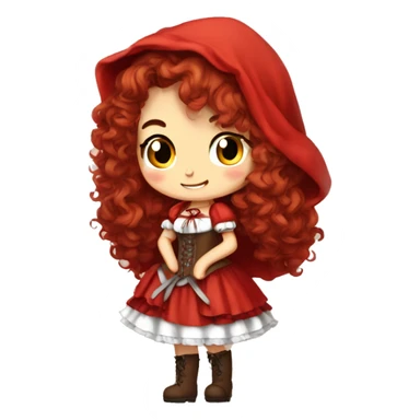 Little Red Riding Hood long curly red hair, brown corset and dress full body pose non-chibi sticker