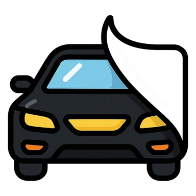 high-end black car icon partially covered by a rolled transparent or light gray film with curved adhesion effect, glossy black main color, modern and clean style, no text sticker