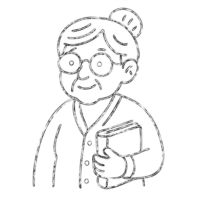 elderly librarian granny, glasses, cardigan, holding a book sticker