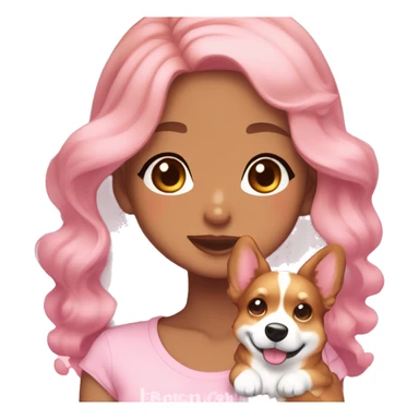 TAN SKIN GIRL WITH LONG BROWN CURLY HAIR AND A CORGI pink kawaii shiny blushing cute kawaii pastel anime trending style pink pastelcore sticker