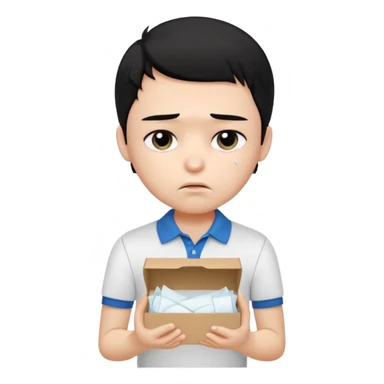 generate a pretty bratz boy with black hair, wearing a plain white polo shirt. Looking sad, holding a box of tissues sticker