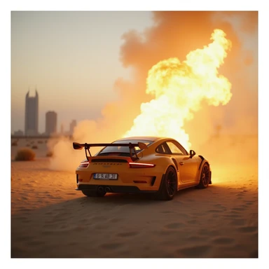 Cinematic shot, Porsche 911 gt3 rs in fire, desert, sunny day, dubai city in background sticker