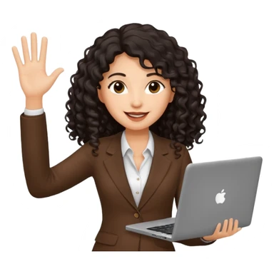 medium deep tan brown business woman with long black curly hair, waving hand with happy face and holding a laptop sticker