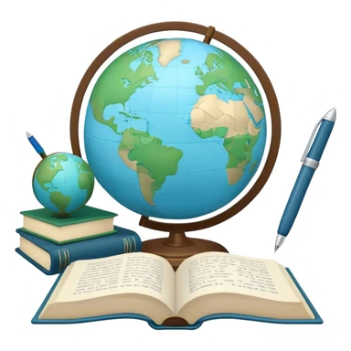 Create an emoji representing language translation. The design should feature a single globe in the background, symbolizing international communication. In front of the globe, place two opened books, with texts in it and a pen nearby to indicate the act of writing. Use a clean and professional color palette with blues, greens, and neutral tones. Do not include any emojis or smiley faces. Make the background transparent sticker