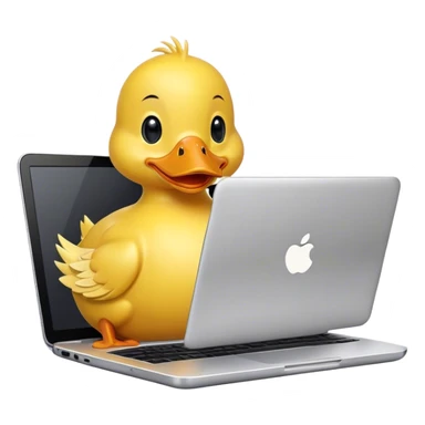 A cartoon duck using a laptop sticker