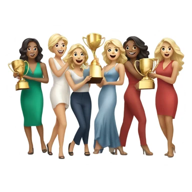 Eight beautiful blonde and Latina women celebrating with a huge gold trophy sticker