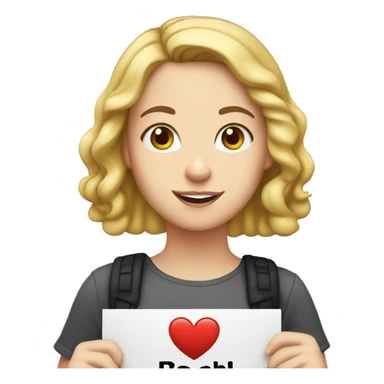 White girl holding sign that says “i love rachel” sticker