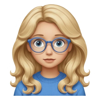 blonde girl with long dark blonde wavy hair, blue big eyes, pantos-style glasses, a brown sweater, sitting and looking in laptop, soft pastel, upper body shot sticker