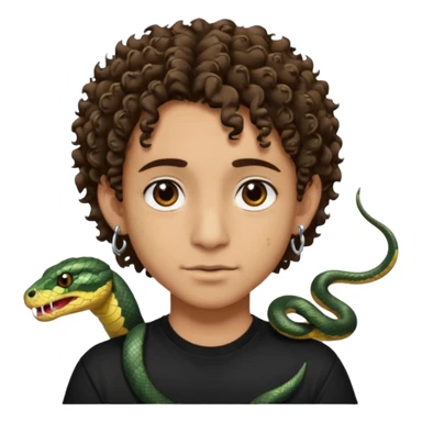 Chico con cabello medio corto, rizado, con ojos marrones, piel trigueña, con dos piercings debajo del labio (Snake bites) y dos piercings en cada oreja con pendientes negro, con polera negra sticker