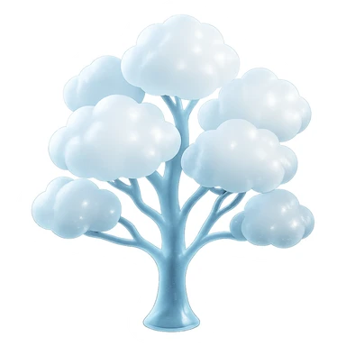 one tree with many branches and a white trunk, crown made of small very bright white fluffy convex clouds, matte glass style sticker