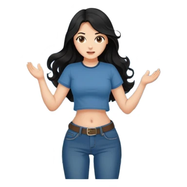 Fair skin girl - long black hair, big waves - wearing a brown navel-baring short-sleeved shirt - blue jeans sticker