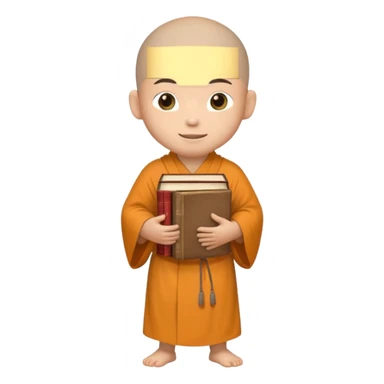 A young monk carrying a stack of ancient books, slightly wobbling but smiling softly.
 sticker