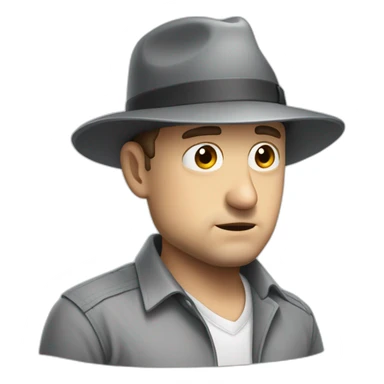tim robinson wearing a grey fedora with a grey flap on the back white shirt looking scared and sad 3 quarter angle sticker
