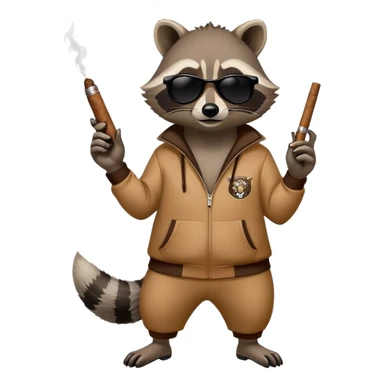 friendly anthropomorphised raccoon in a Sopranos-style mafia tracksuit, wearing dark sunglasses, holding a cigar, confident pose sticker