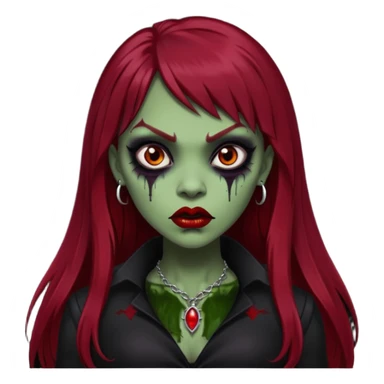 vampira gótica parda zumbi de cabelo longo e vermelho extremamente escuro e franja e roupa com decote e batom preto sticker